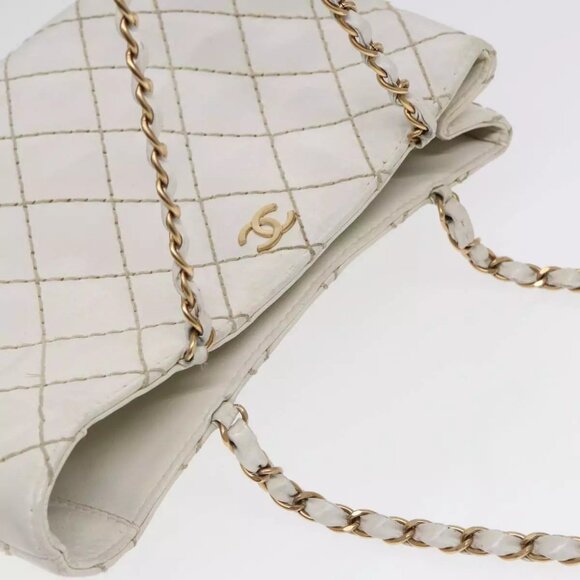 CHANEL Wild Stitch Chain Tote Bag Leather White Gold CC Auth bs17226 - Picture 10 of 16